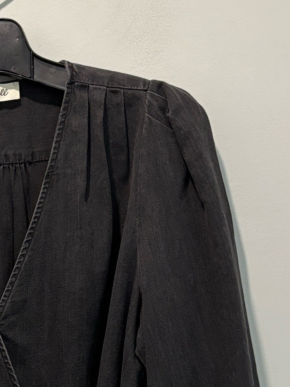 Madewell Black Denim Wrap Tie Front Blouse Puff Sleeve Size L - Picture 13 of 15